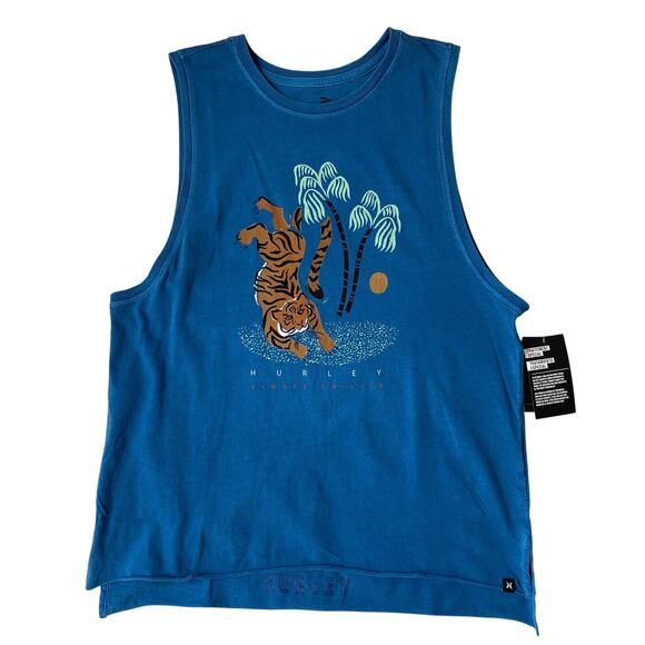 Hurley Tiger Tree Tank Top Women M Teal Blue Biker Cottagecore Raw Hem Beach NWT - Picture 1 of 10